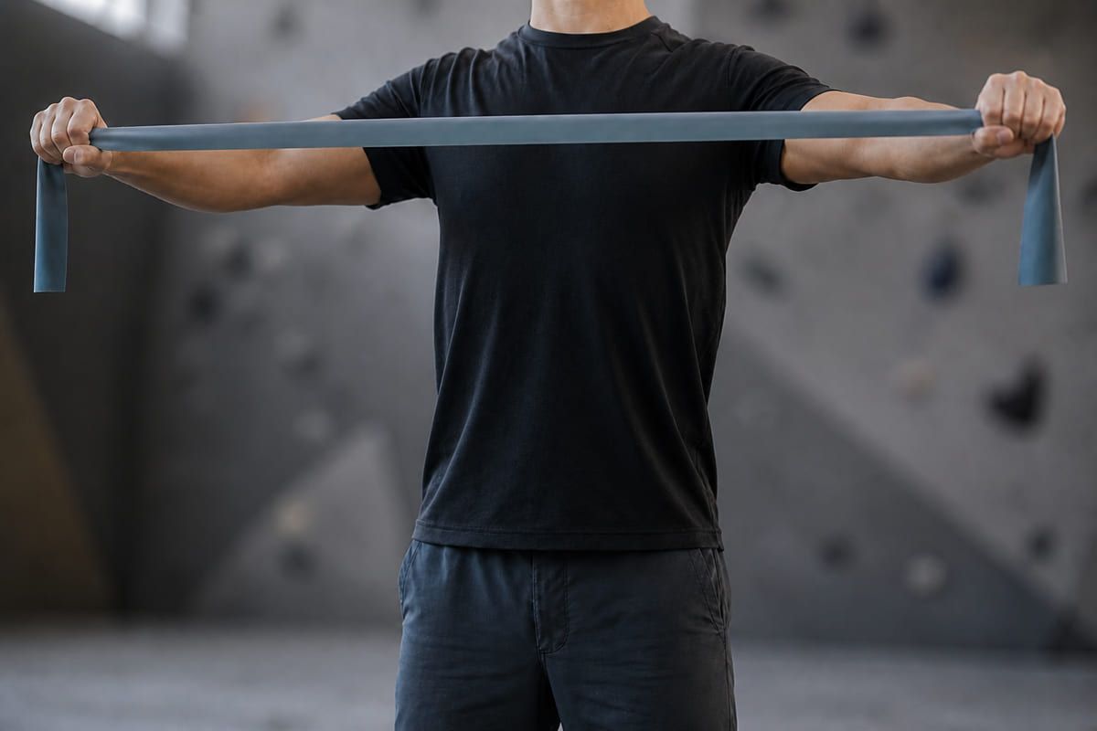 Band pull-aparts for the shoulders as part of a hangboard warm-up.