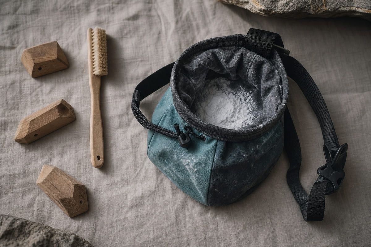 Bouldering equipment flat-lay illustrating grade progression.