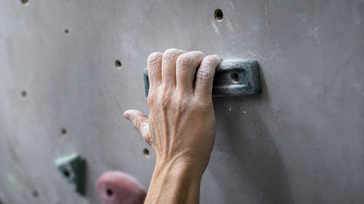 A chalked hand half-crimping a small edge hold on a bouldering wall.