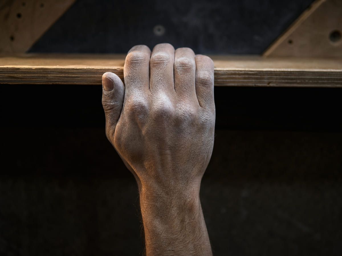 Training the half-crimp on a hangboard.