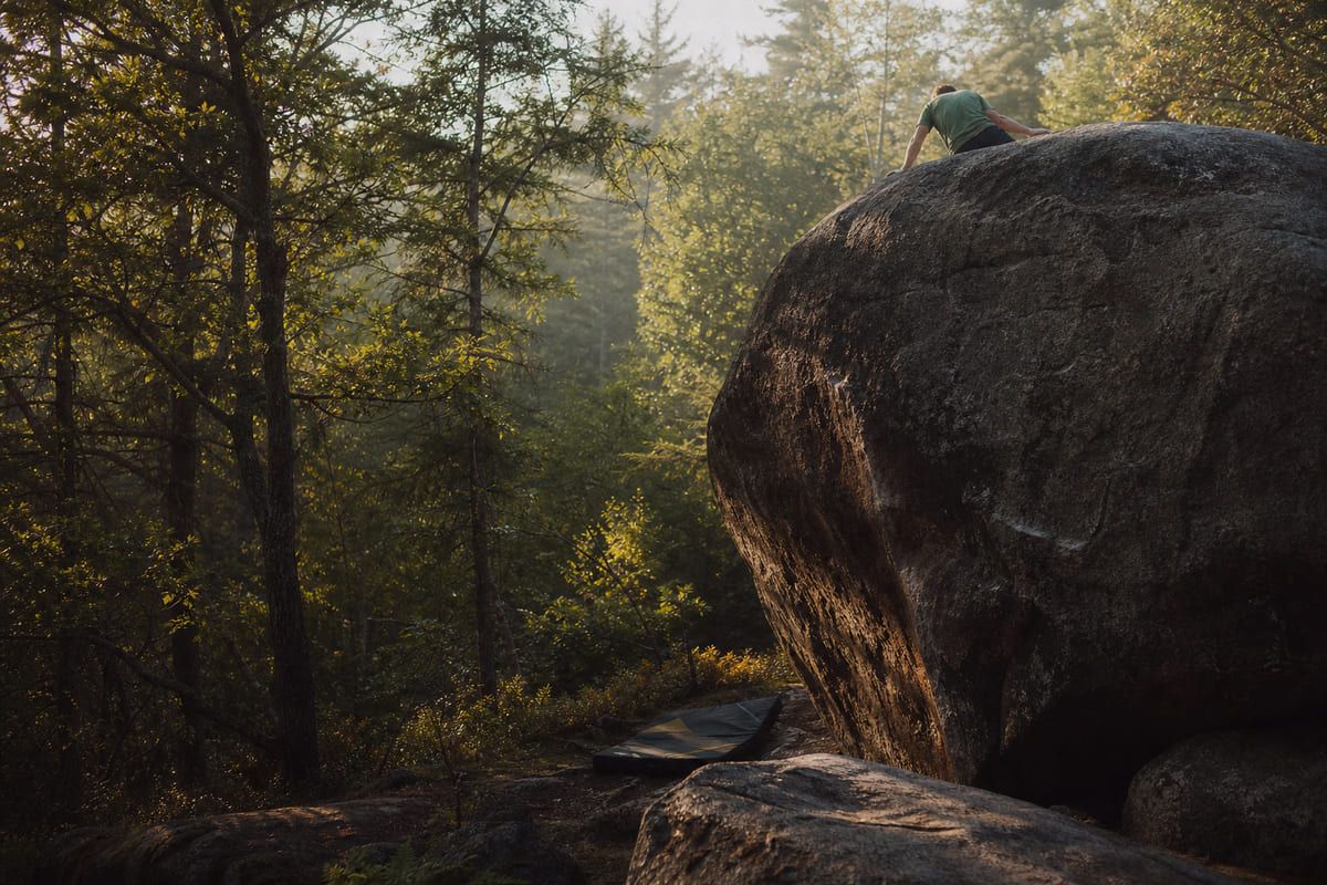 A boulderer topping out a sandstone problem in the forest.