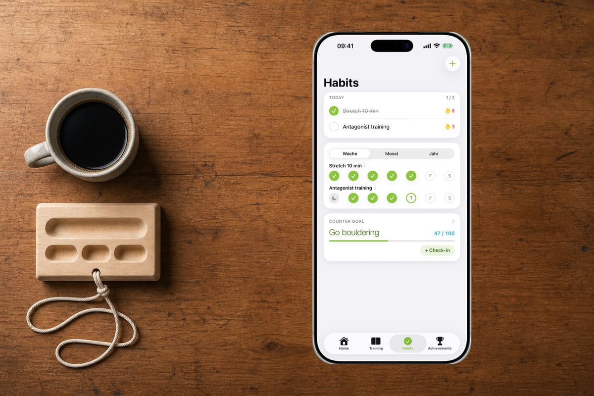 The Boulder Trainer habit tracker showing a week of completed days and a planned rest day.